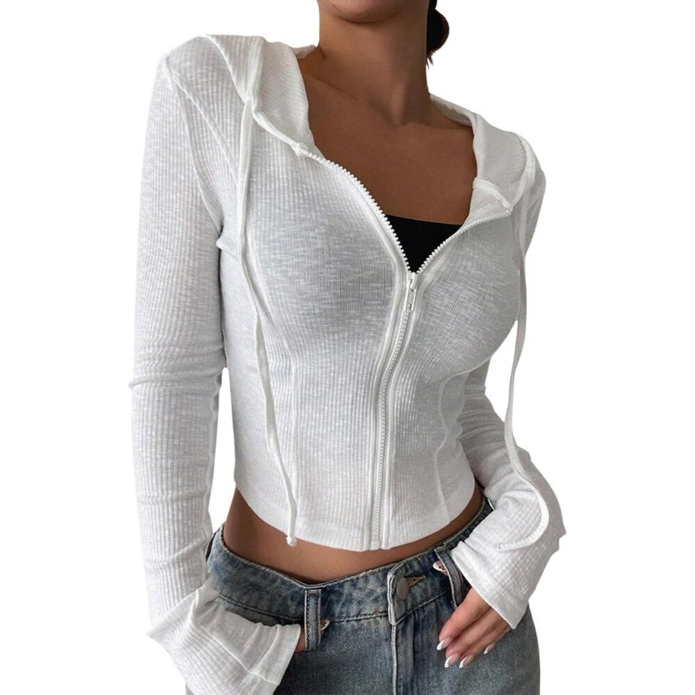 Women's Cropped Zip Up Hoodie Lightweight Long Sleeve Rib Knit Small